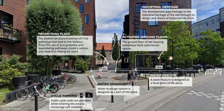 Pedestrian plaza with industrial heritage (after)