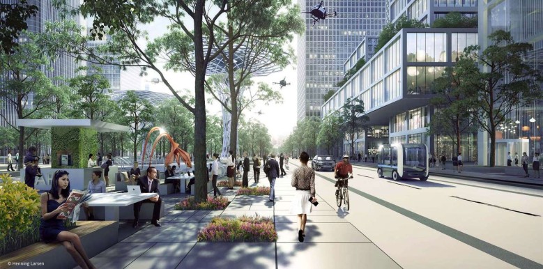 Pedestrian-friendly street with outdoor workspaces (before)