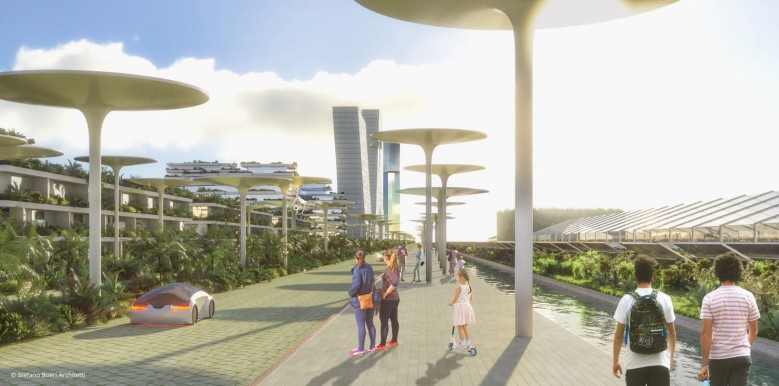 Eco-efficient street with navigable canals (before)