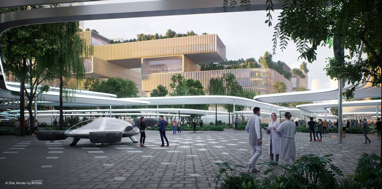 Futuristic courtyard with drone port (before)