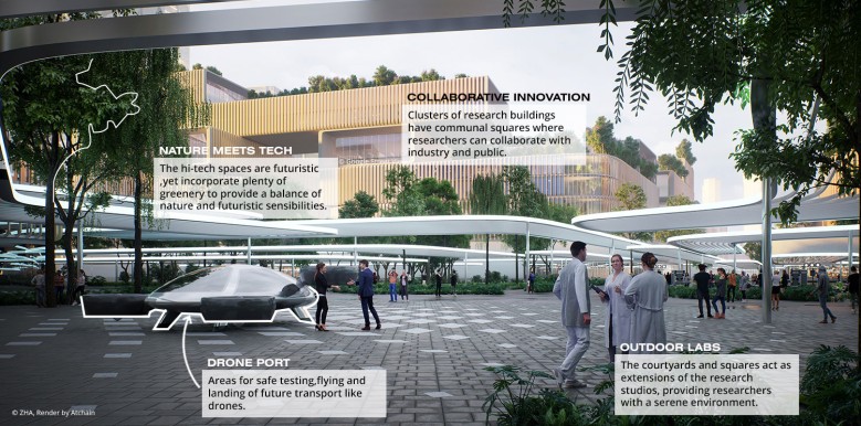 Futuristic courtyard with drone port (after)